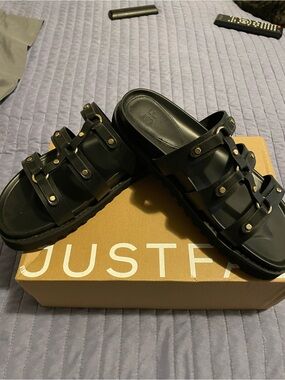 JustFab Black Triple-Strap Studded Slide Sandals